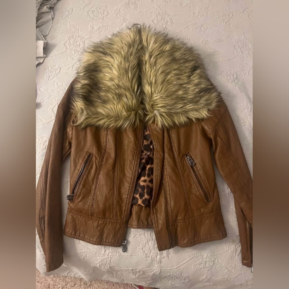 Guess Brown and Cream Leather Jacket with Faux Fur Collar